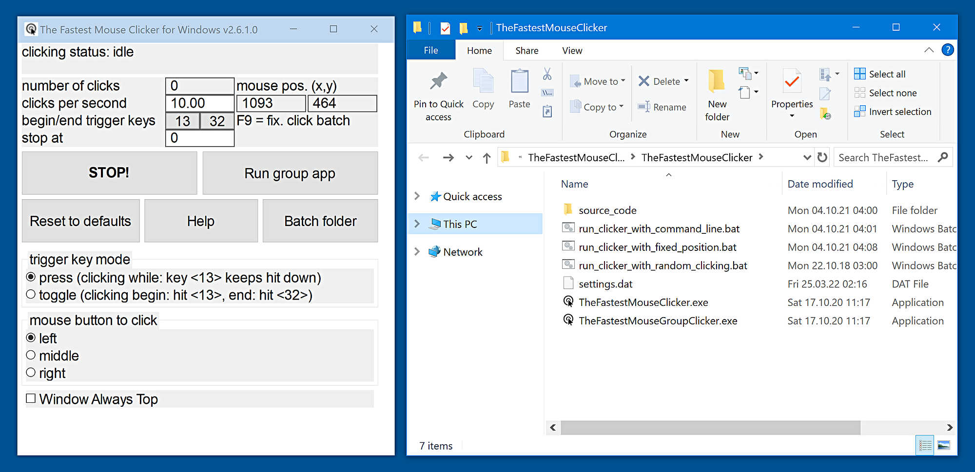 The Fastest Mouse Clicker for Windows Classic - Main app with batch folder that reveals "secret" features