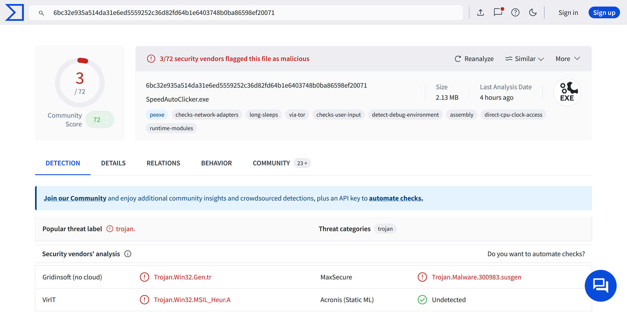 Speed AutoClicker @ virustotal: 3/72 malware score