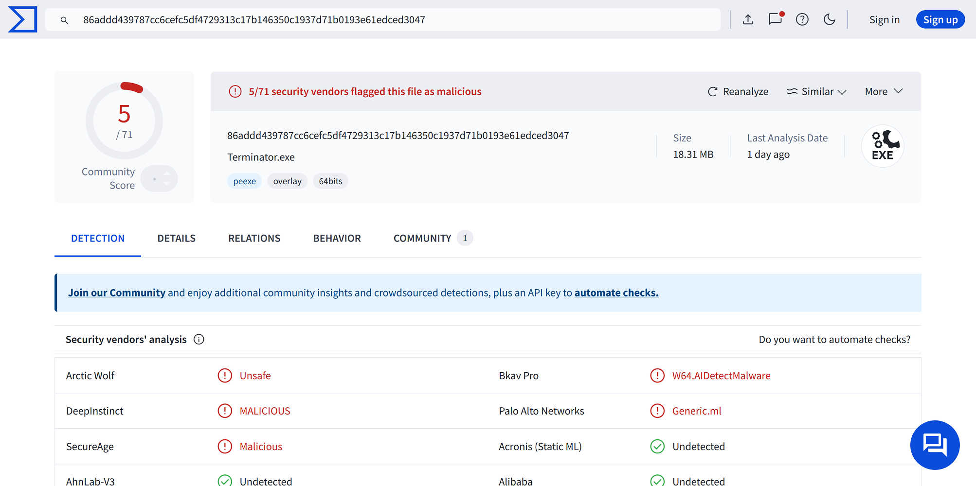 Terminator @ virustotal: 5/71 malware score