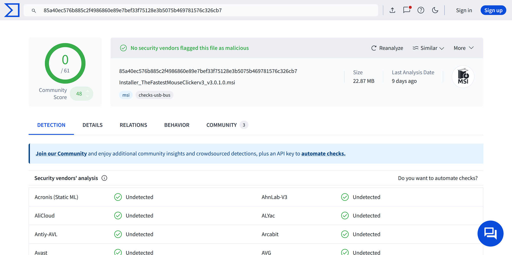 The Fastest Mouse Clicker for Windows @ virustotal: 0/61 malware score